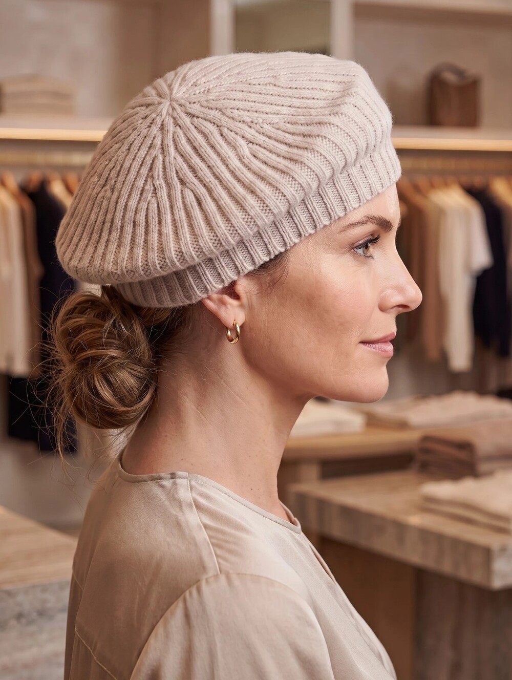 NWT Halogen Cashmere Ribbed Knit Beret Hat Beige Womens - Fall Winter